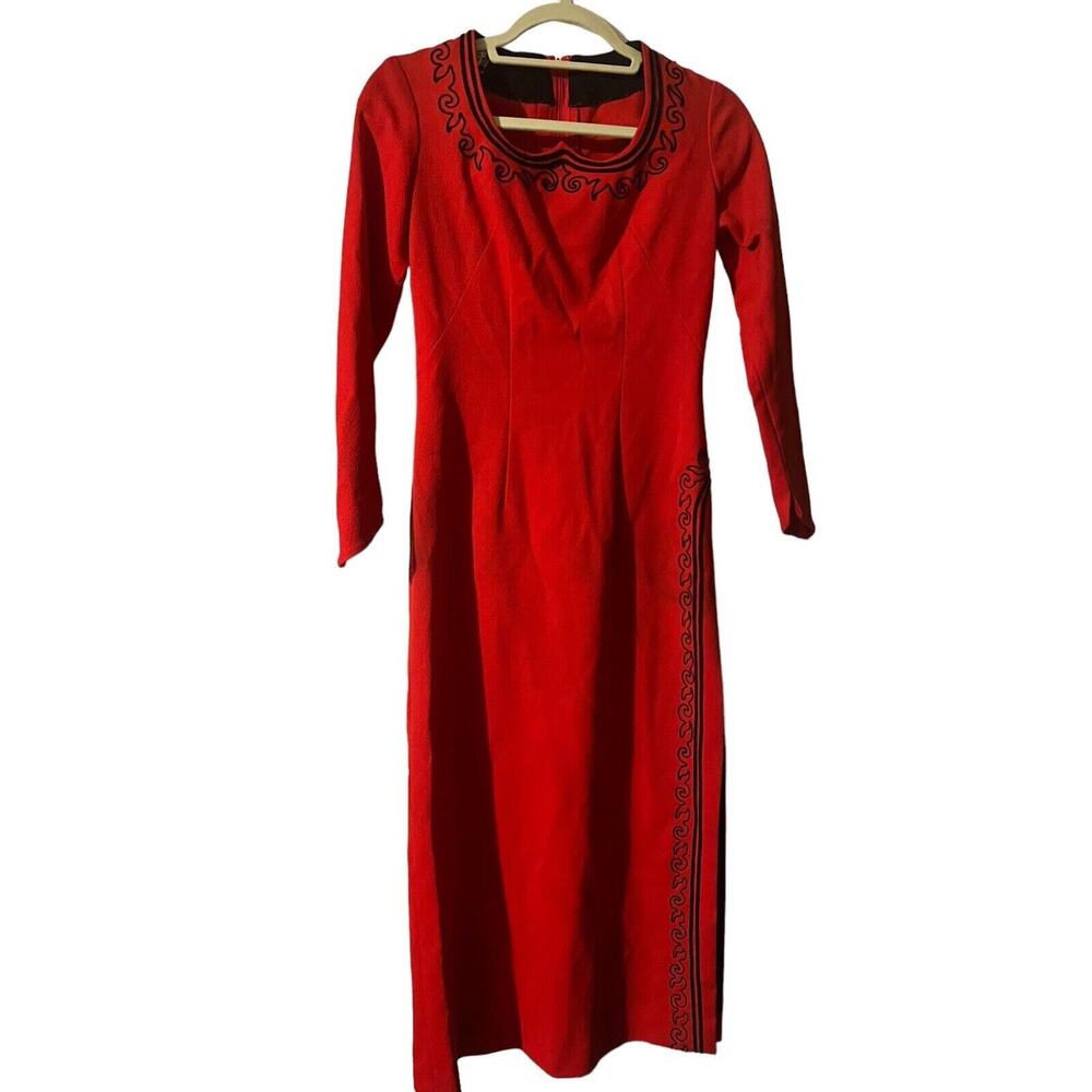 Claralura Original Red Formal Dress Gown Long Sleeve Embroidered Vintage 1970's